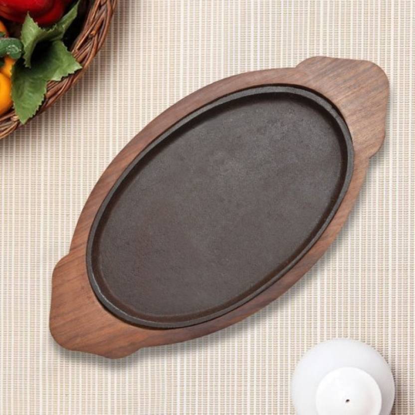 Heavy Duty Cast Iron Oval Sizzler with Wooden Base, 13 x 7, Woodenware