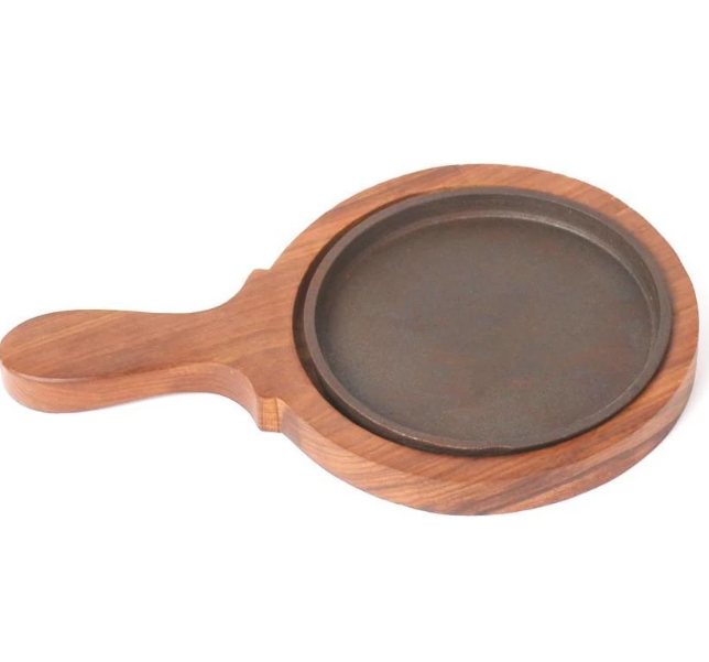 Sizzling Brownie Platter with Handle, Cast Iron Plate, Wooden Base, 9 Round