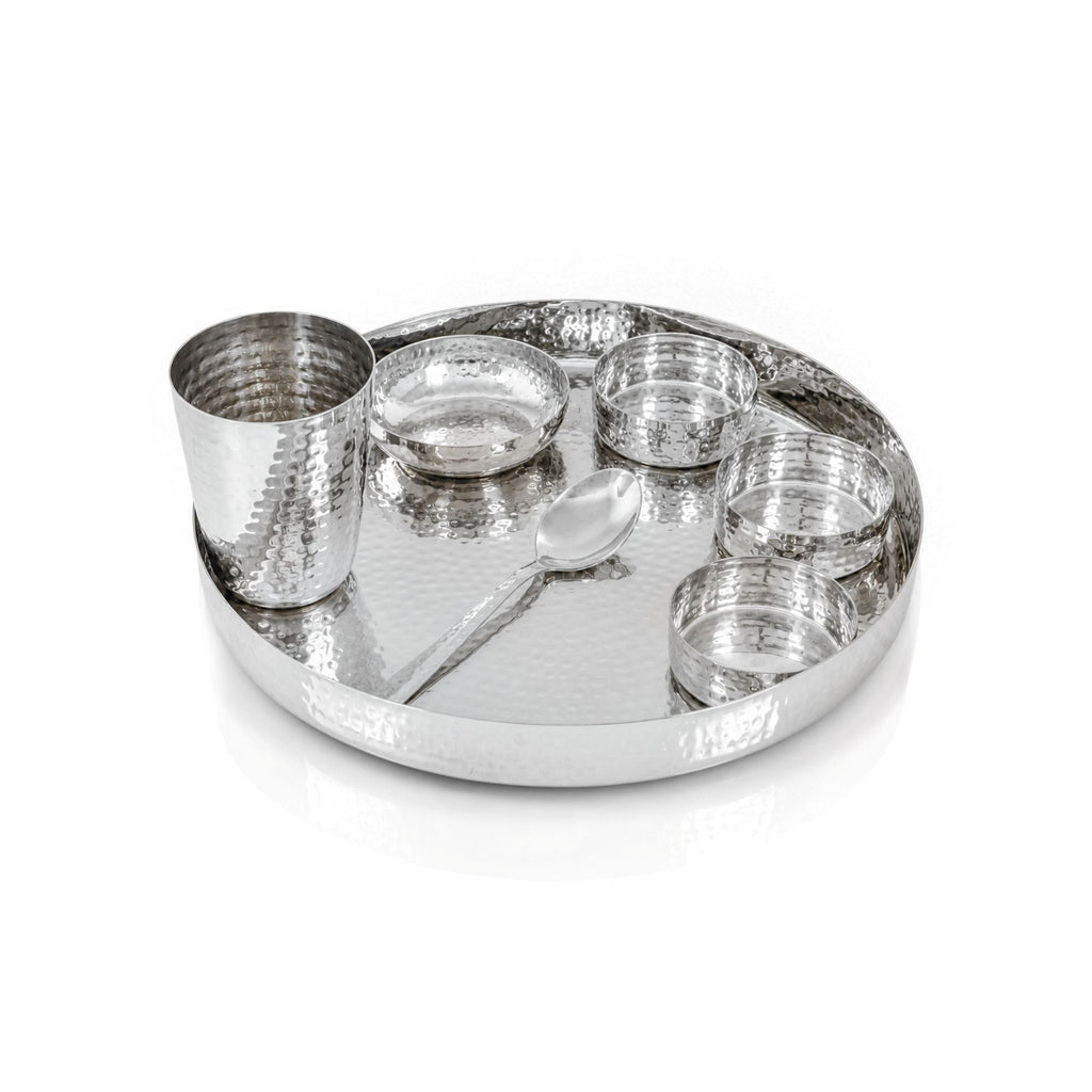 11 Round Stainless Steel Hammered Dinner Thali Set, Set of 7 Pcs
