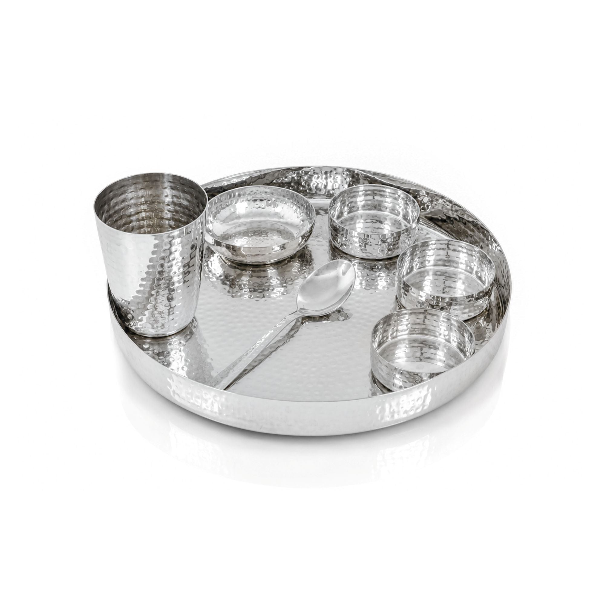 11 Round Stainless Steel Hammered Dinner Thali Set, Set of 7 Pcs