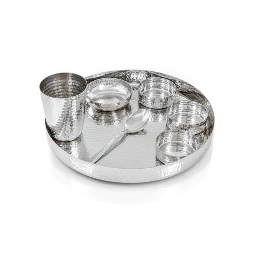 11 Round Stainless Steel Hammered Dinner Thali Set, Set of 7 Pcs