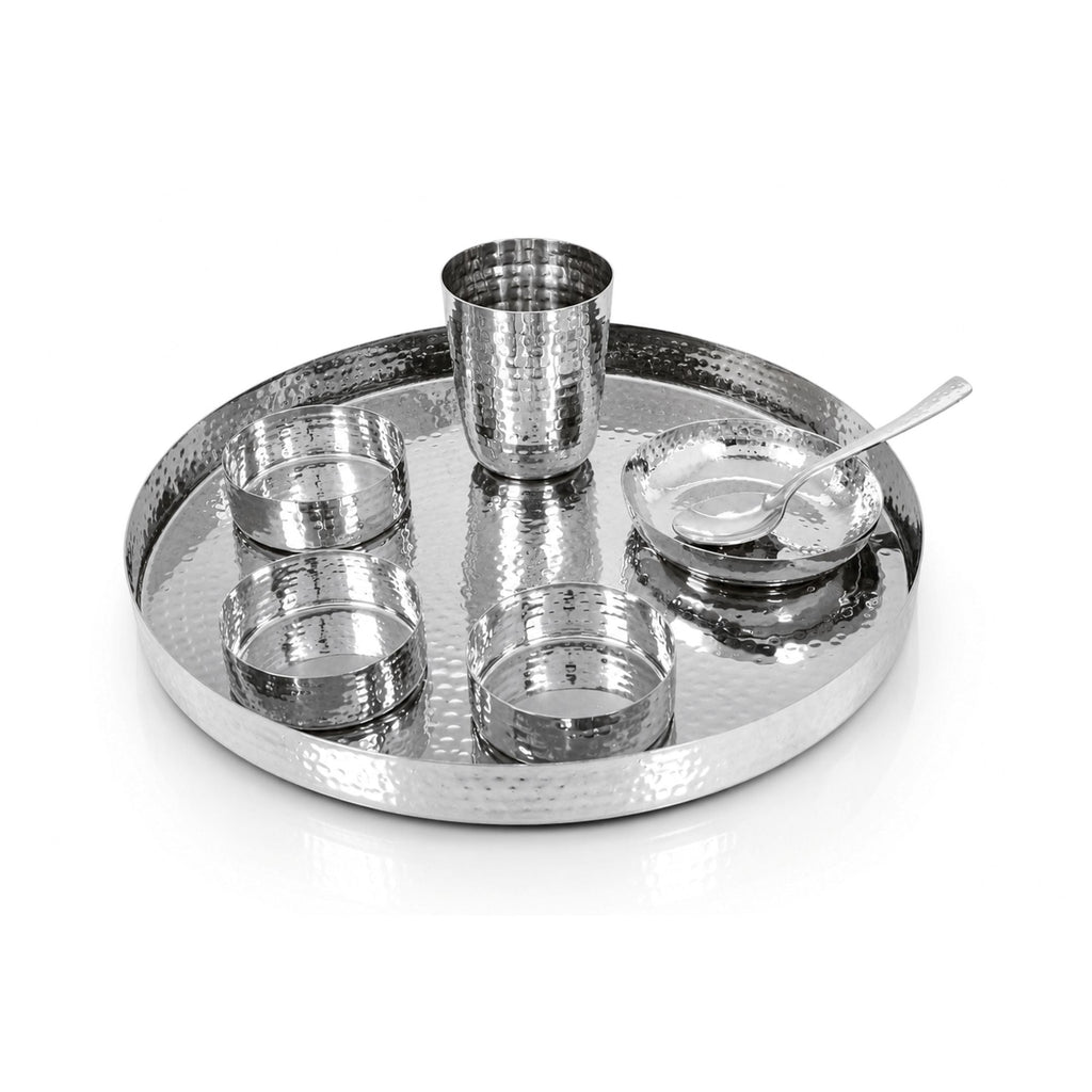 Stainless Steel Hammered Round Thali Set, Straight Border, 12, Set of 7 Pcs