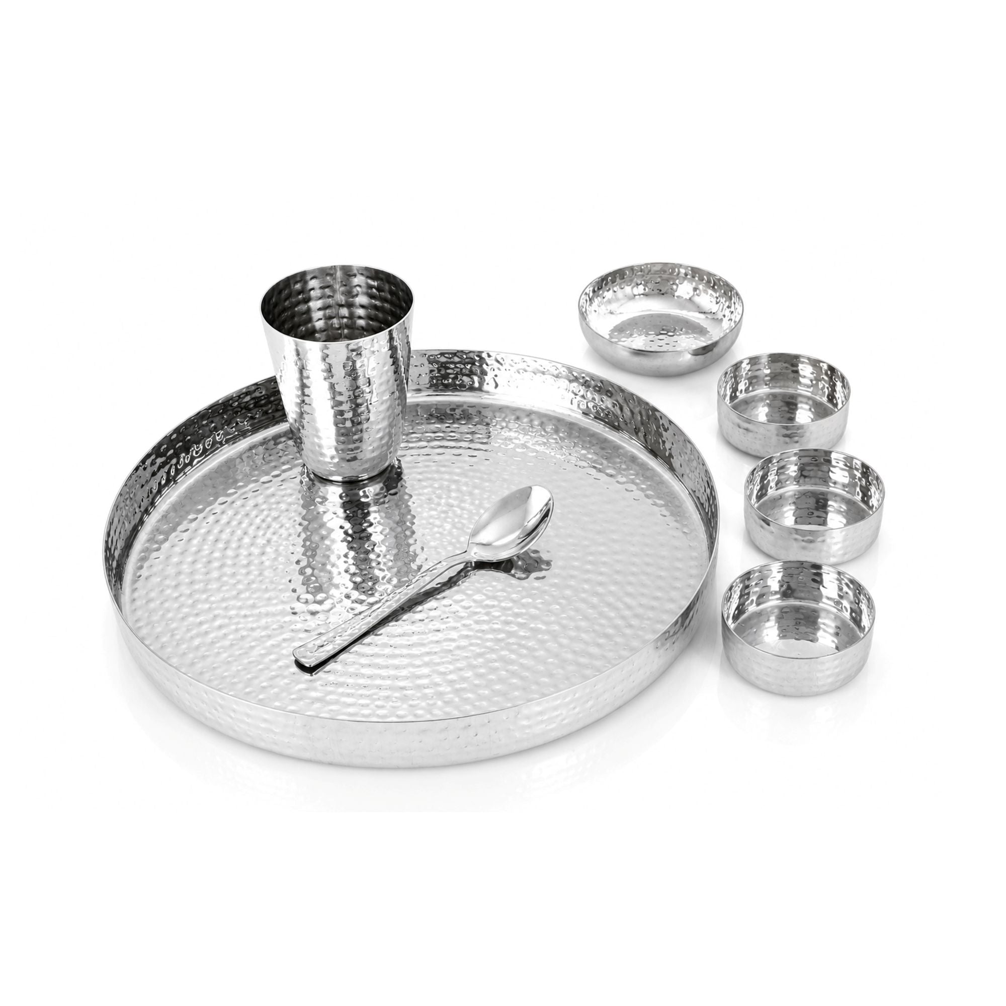 11 Round Stainless Steel Hammered Dinner Thali Set, Set of 7 Pcs