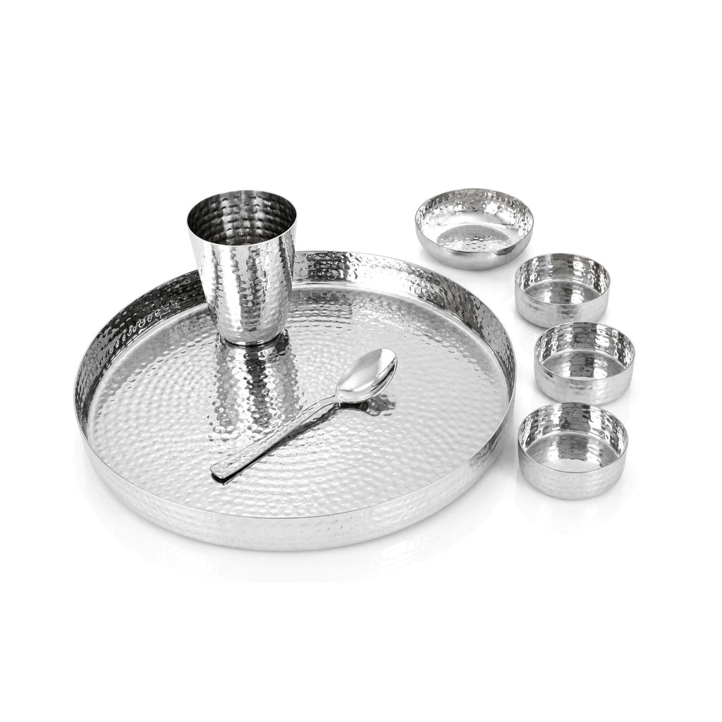 Stainless Steel Hammered Round Thali Set, Straight Border, 12, Set of 7 Pcs