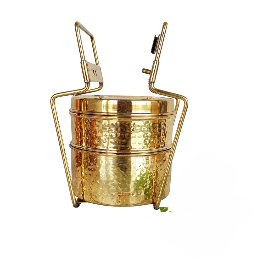 Brass Hammered Finish Lunch Box, 2 Tier, Tin Lining, Heavy Duty