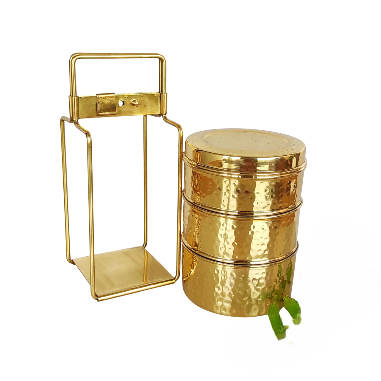 Brass Hammered Serving Tiffin Box, 3 Container, Tin Lining, Heavy Duty