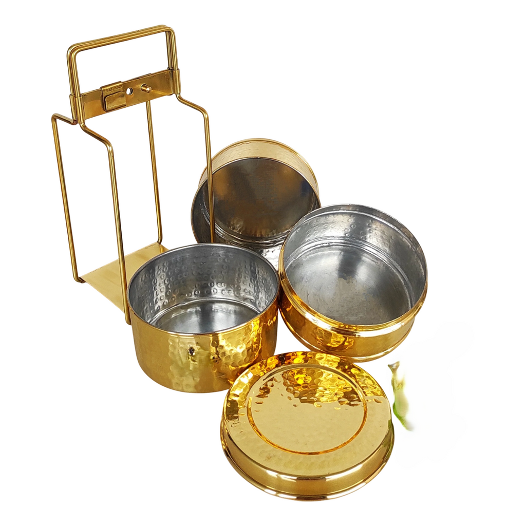 Brass Hammered Serving Tiffin Box, 3 Container, Tin Lining, Heavy Duty