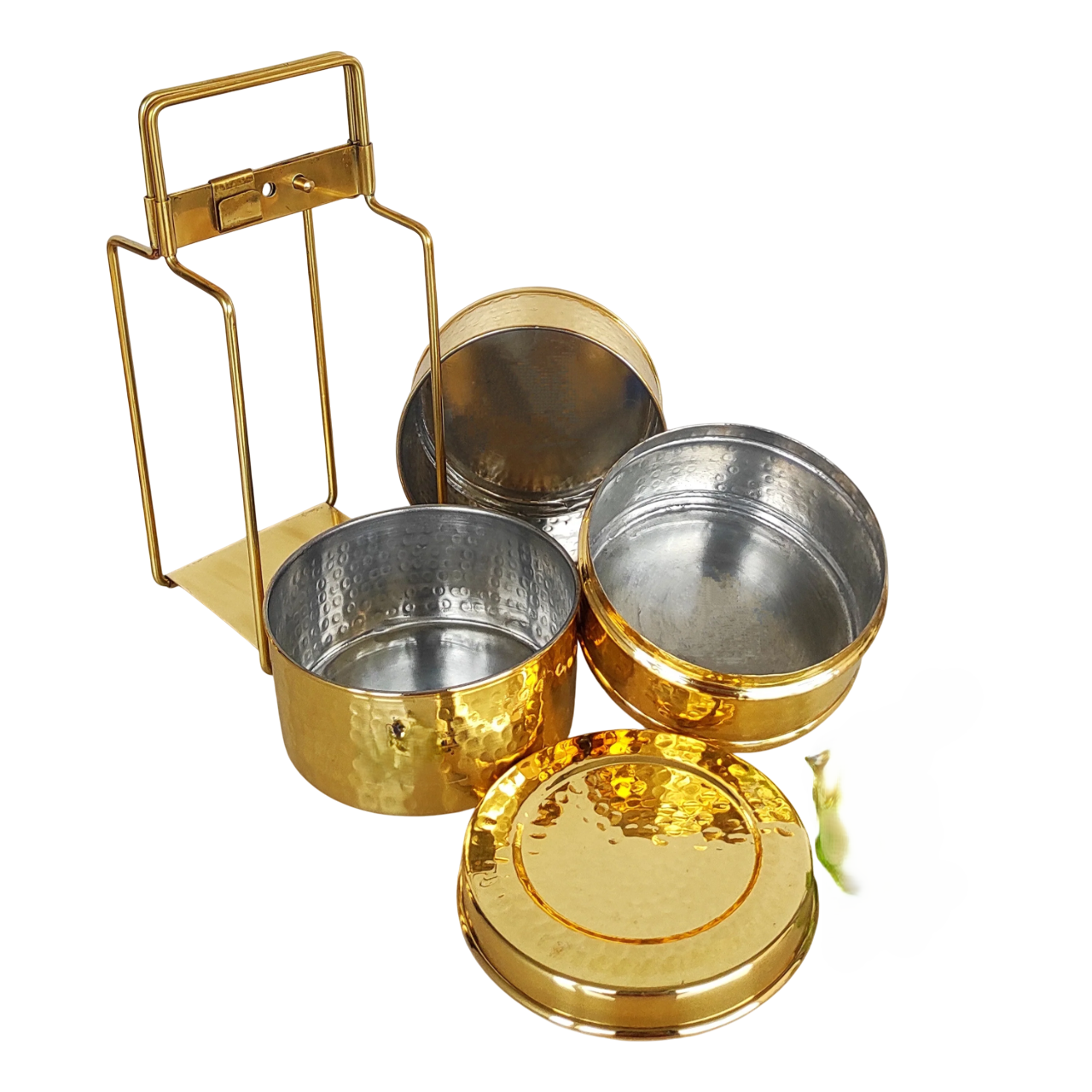 Brass Hammered Serving Tiffin Box, 3 Container, Tin Lining, Heavy Duty
