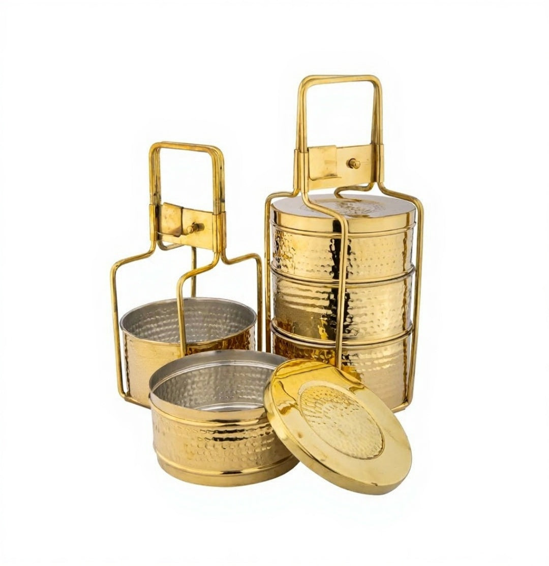 Brass Hammered Serving Tiffin Box, 3 Container, Tin Lining, Heavy Duty