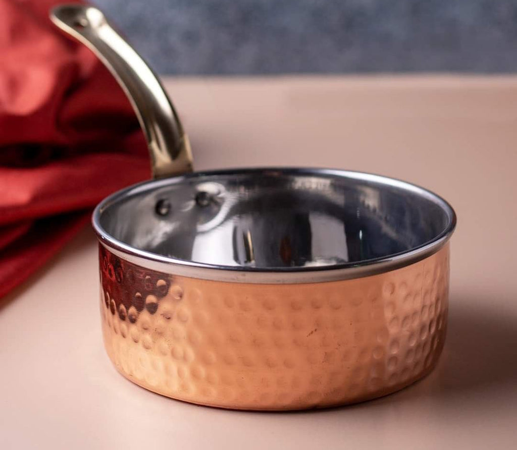 Double Wall Copper Stainless Steel Hammered Serving Sauce pan, #3, 6, 750 ML, Brass Handle