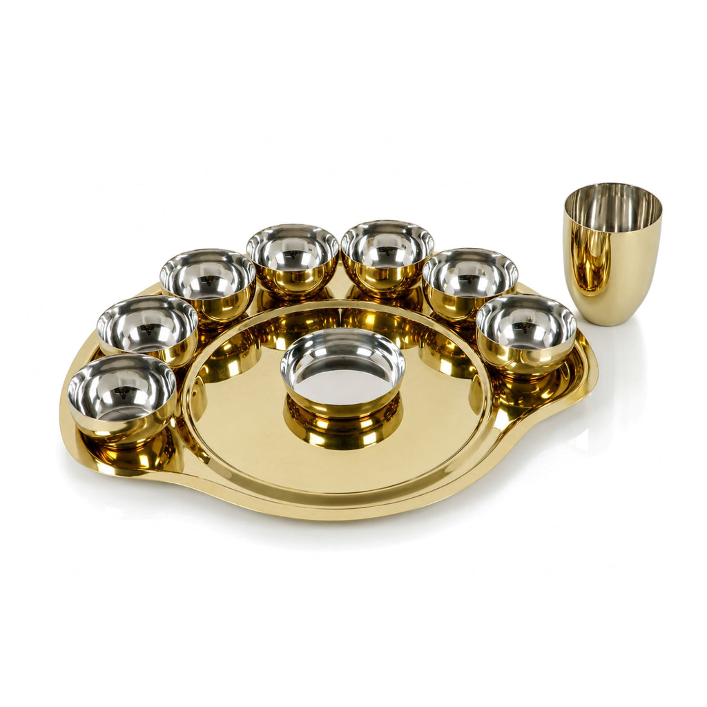 Stainless Steel PVD Gold Finish Maharaja Thali Set, 10 Piece — 17 Thali, 7 Bowls, Glass & Dessert Plate