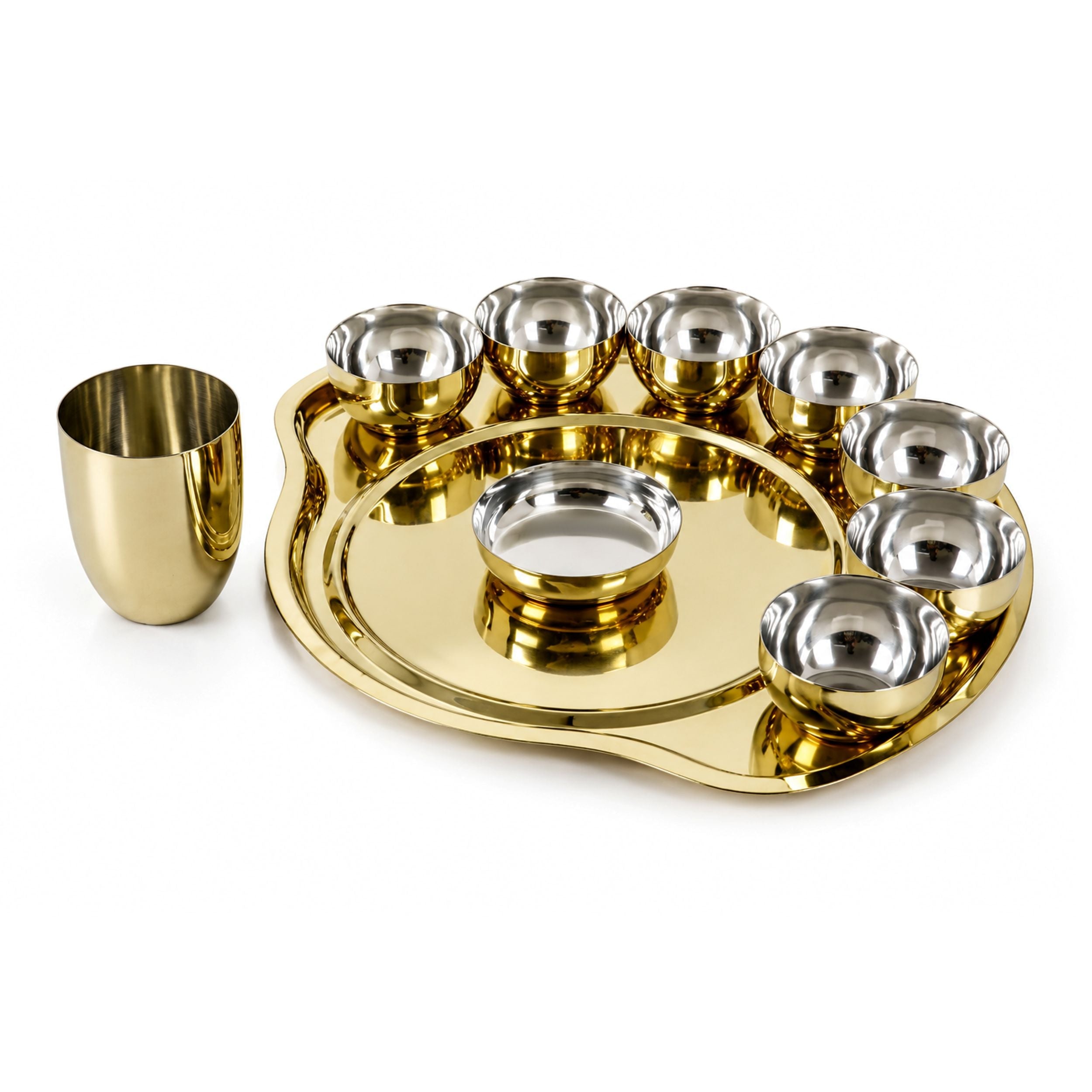 Stainless Steel PVD Gold Finish Maharaja Thali Set, 10 Piece — 17 Thali, 7 Bowls, Glass & Dessert Plate