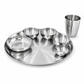 Stainless Steel Matt Finish Thali Set, 11 Round, Hammered Border, 7 pcs set