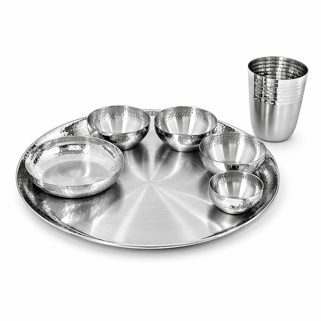 13 Inch Stainless Steel Hammered Dinner Thali Set – 7 Piece Premium Matt Finish
