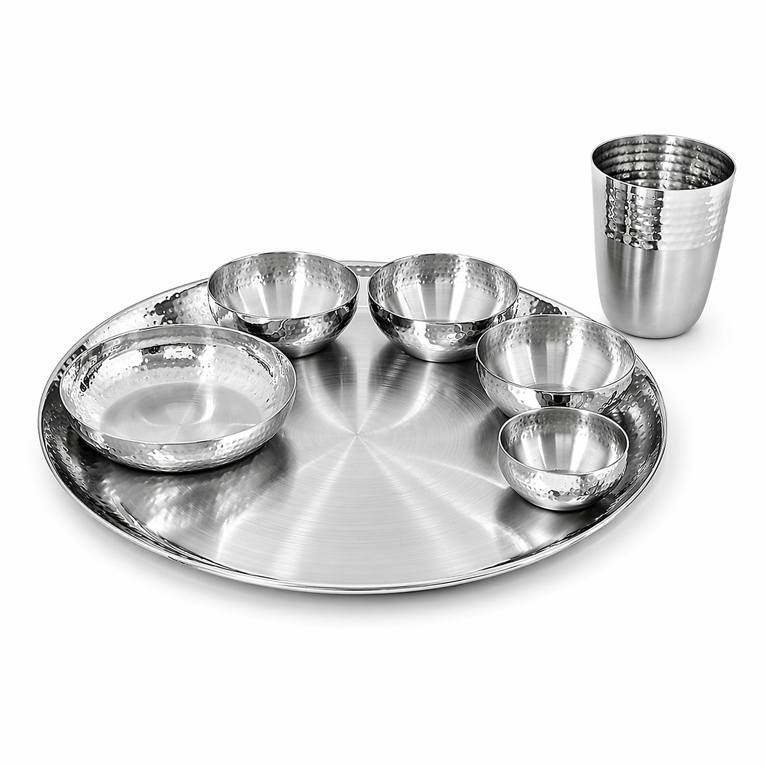 Premium Matt Finish Thali Set, 12 Round, Stainless Steel, Hammered Border, 7 pcs