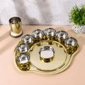 Stainless Steel PVD Gold Finish Maharaja Thali Set, 10 Piece — 17 Thali, 7 Bowls, Glass & Dessert Plate