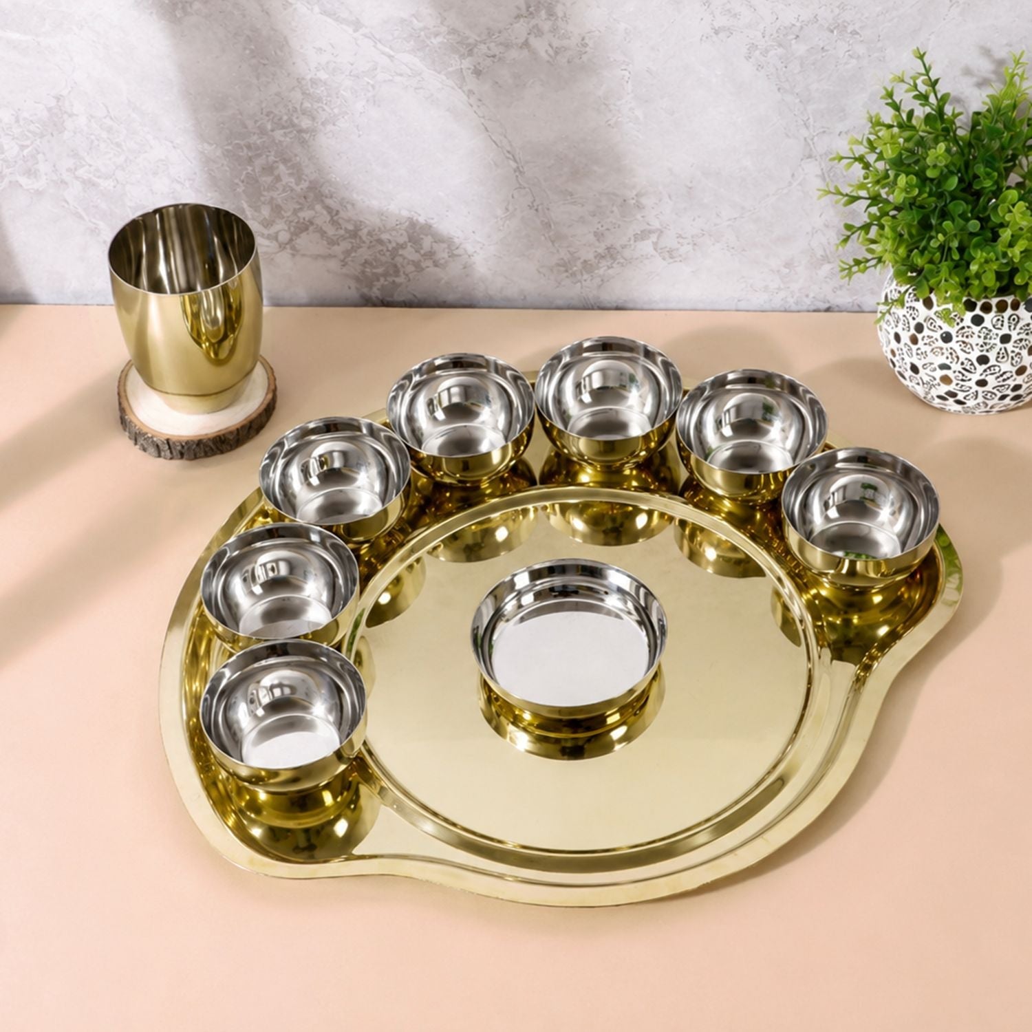 Stainless Steel PVD Gold Finish Maharaja Thali Set, 10 Piece — 17 Thali, 7 Bowls, Glass & Dessert Plate