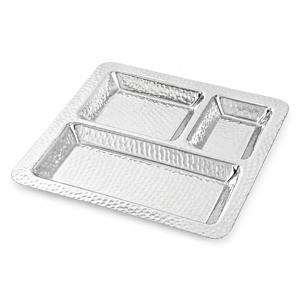 Stainless Steel Hammered 3 Compartment Square Pav Bhaji Plate, 9.5 x 9.5, Heavy Duty