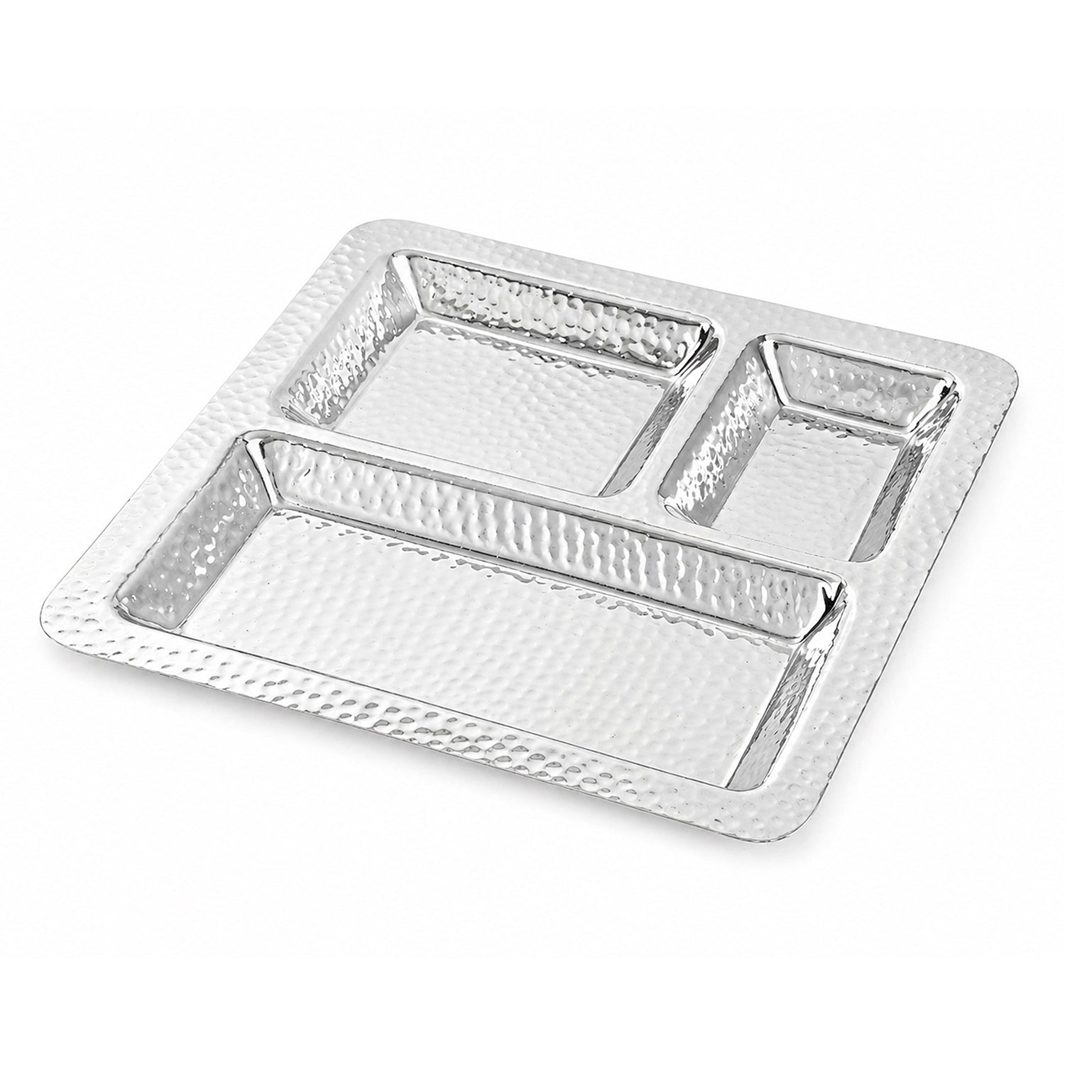 Stainless Steel Hammered 3 Compartment Square Pav Bhaji Plate, 9.5 x 9.5, Heavy Duty