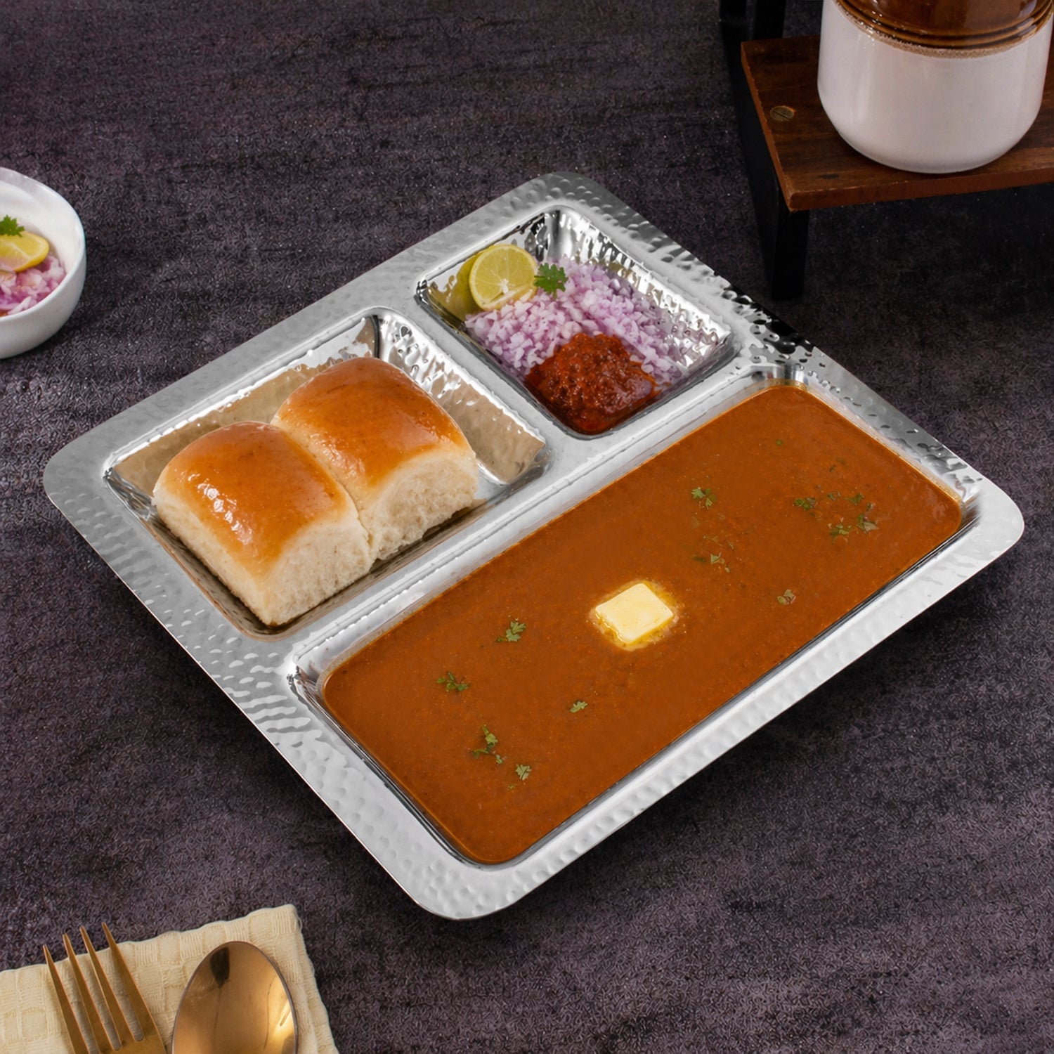 Stainless Steel Hammered 3 Compartment Square Pav Bhaji Plate, 9.5 x 9.5, Heavy Duty