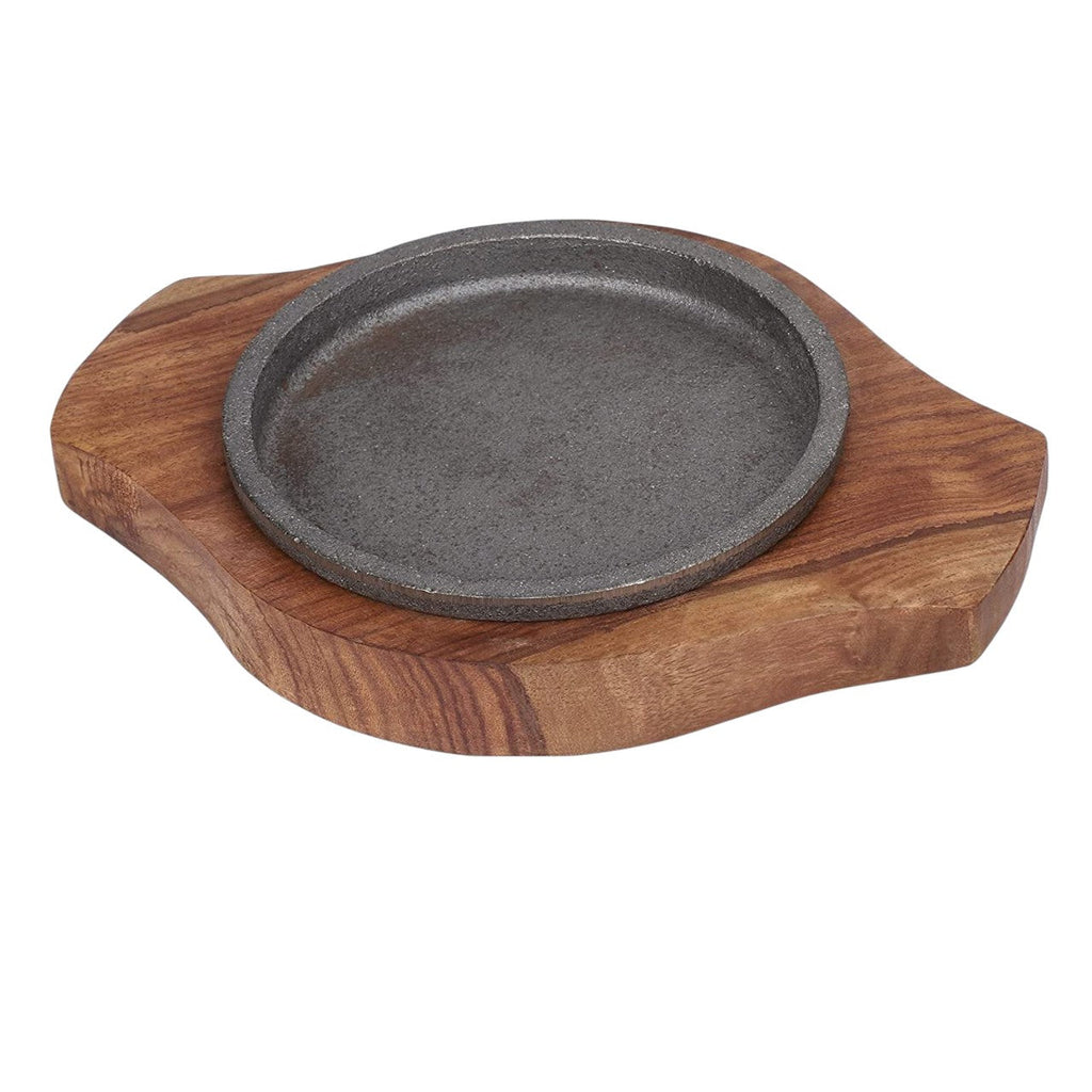 8 Round Brownie Sizzler Platter, Wooden Base, Cast Iron Plate