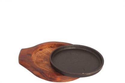 8 Round Brownie Sizzler Platter, Wooden Base, Cast Iron Plate