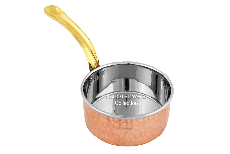 Double Wall Copper Stainless Steel Hammered Serving Sauce pan, #3, 6, 750 ML, Brass Handle