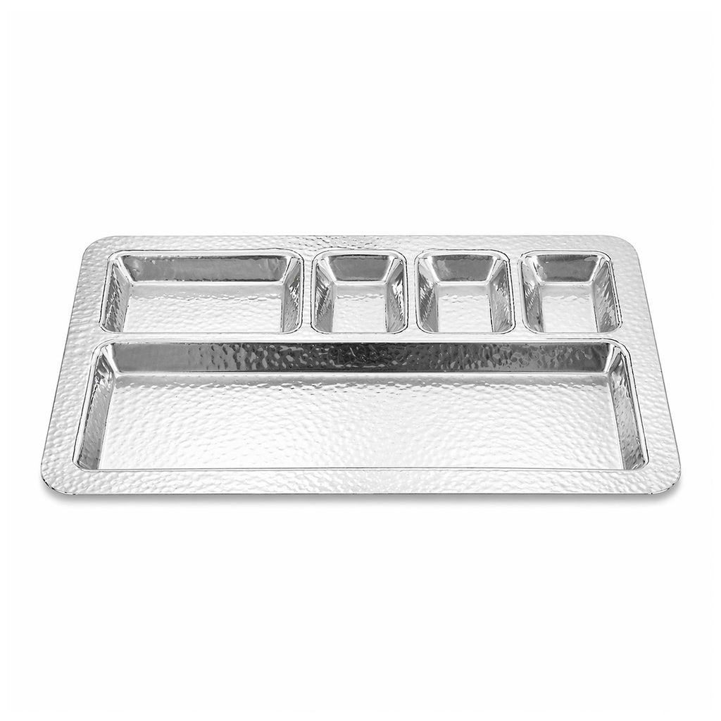 Handcrafted Hammered Finish Compartment Thali / Partition Plate, Stainless Steel, 15 x 9.5