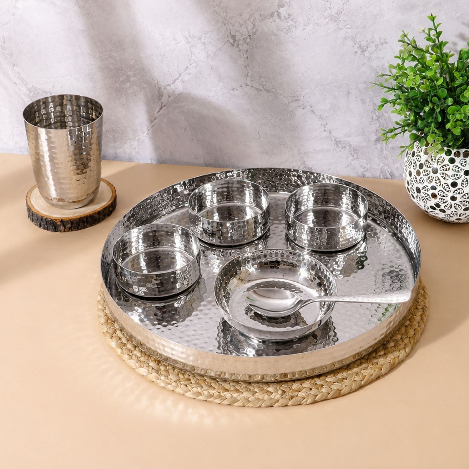 11 Round Stainless Steel Hammered Dinner Thali Set, Set of 7 Pcs