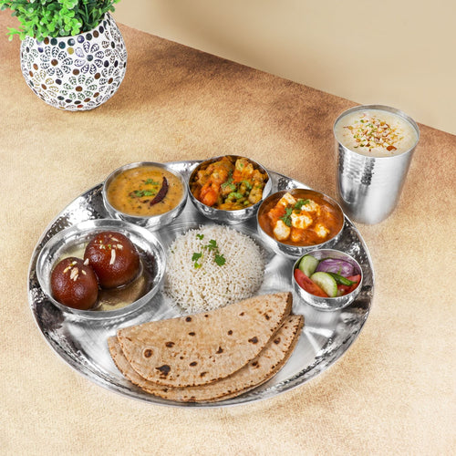 13 Inch Stainless Steel Hammered Dinner Thali Set – 7 Piece Premium Matt Finish