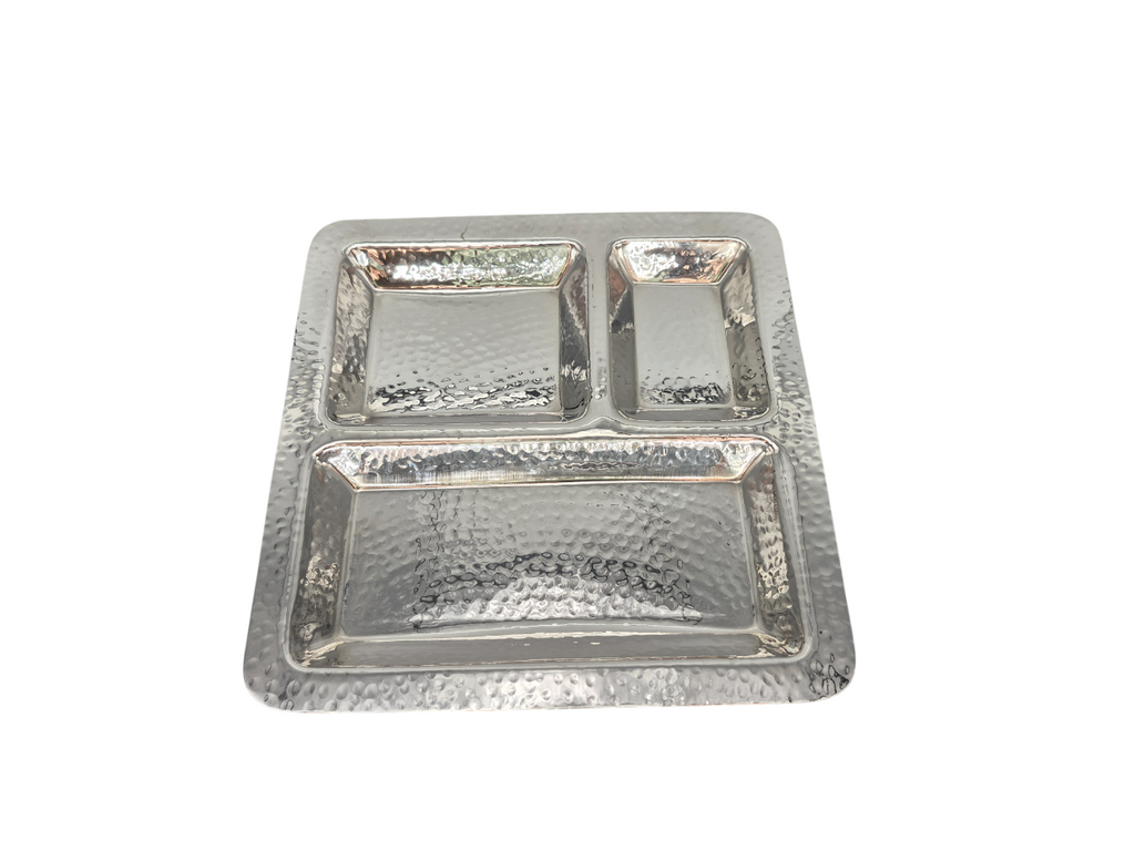 Stainless Steel Hammered 3 Compartment Square Pav Bhaji Plate, 9.5 x 9.5, Heavy Duty