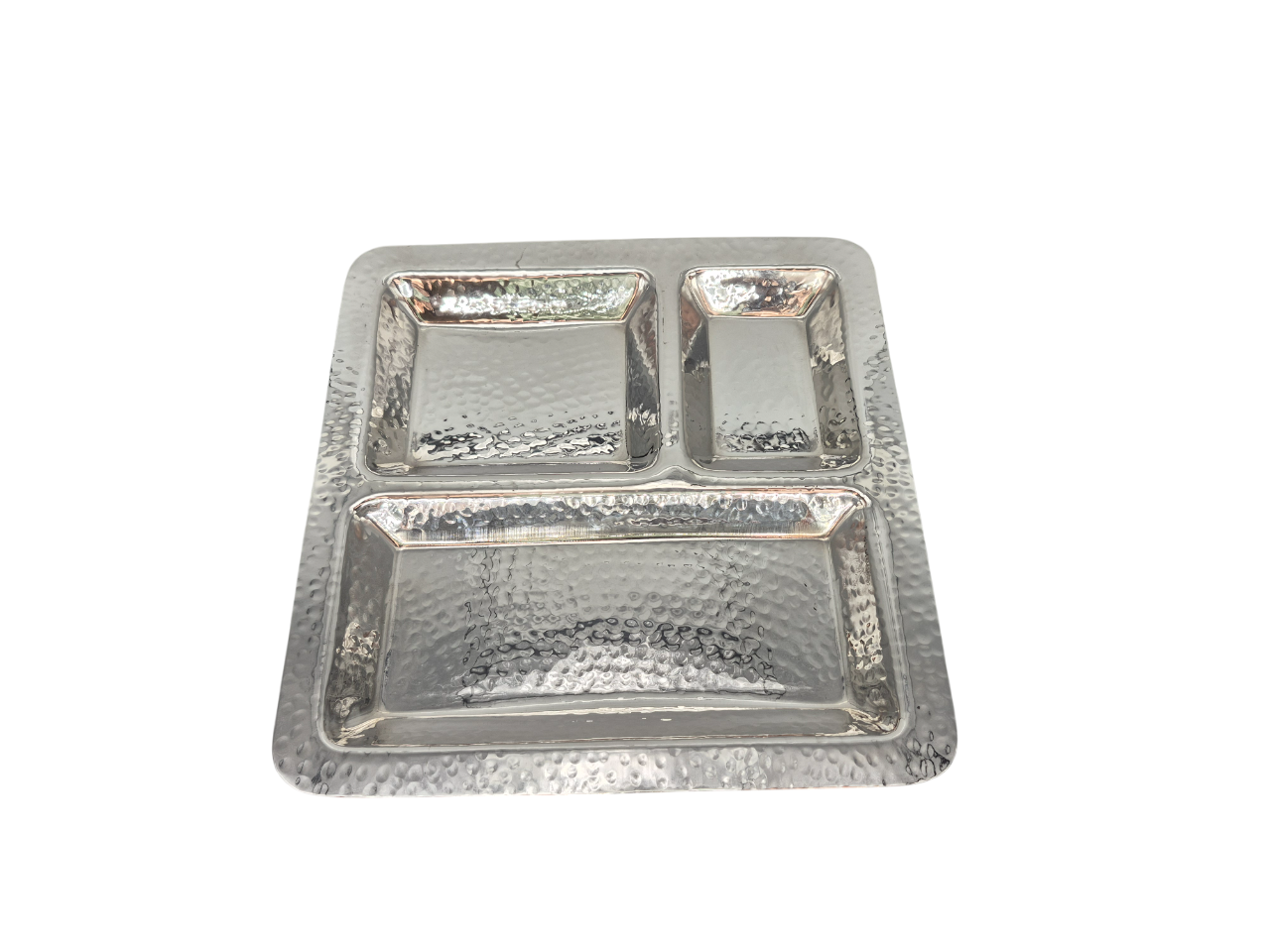 Stainless Steel Hammered 3 Compartment Square Pav Bhaji Plate, 9.5 x 9.5, Heavy Duty